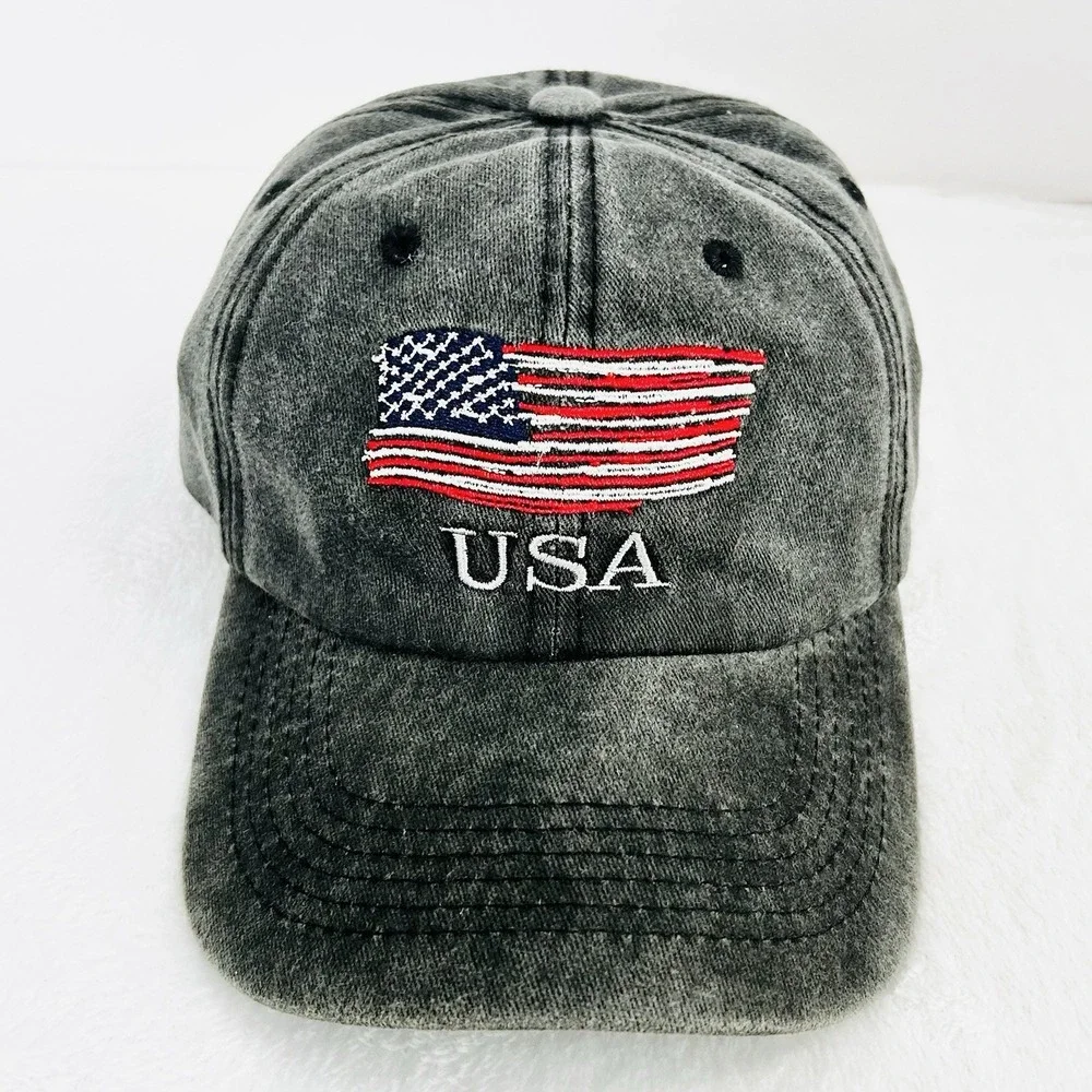 USA Stars and Stripes Flag Patch Distressed Hat Cap Adjustable Gray Outdoors